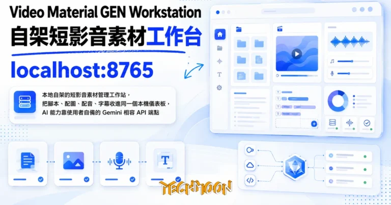 Video Material GEN Workstation:把短影音素材收進本機統一管理 5 TechMoon 精選圖|本地自架的短影音素材管理工作站,把腳本、配圖、配音、字幕收進同一個本機儀表板,AI 能力靠使用者自備的 Gemini 相容 API 端點