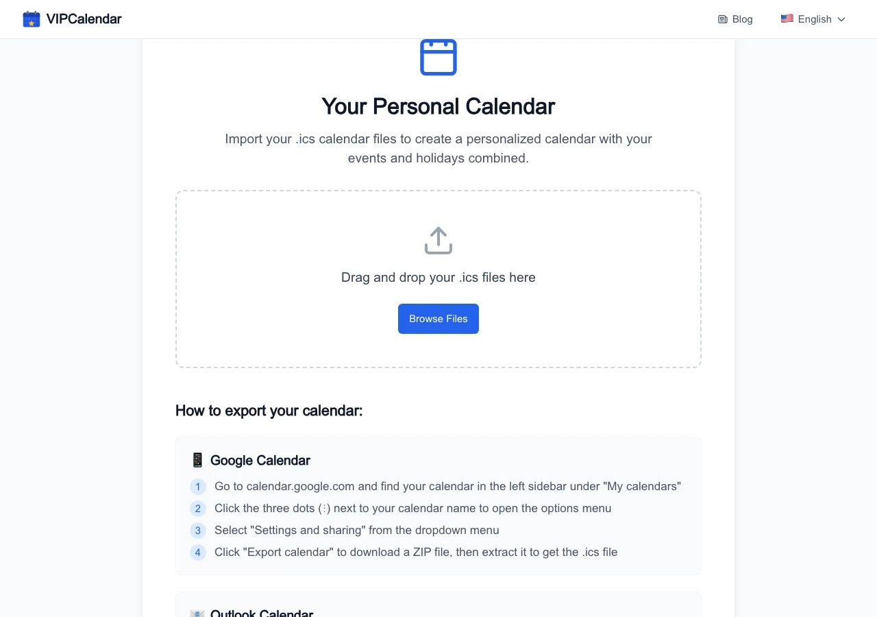 VIPCalendar 免費日曆,把 2026 行事曆做成可列印 PDF 年曆 3 TechMoon 精選圖|VIPCalendar 匯入頁要使用者把 Google 或 Apple 行事曆匯出的 ics 檔拖進網站