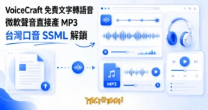 TechMoon 精選圖｜免費網頁版文字轉語音工具概念圖：文件稿件轉成聲波與 MP3 音檔卡片，聲音波形、耳機與播放器介面，明亮藍色科技編輯風格