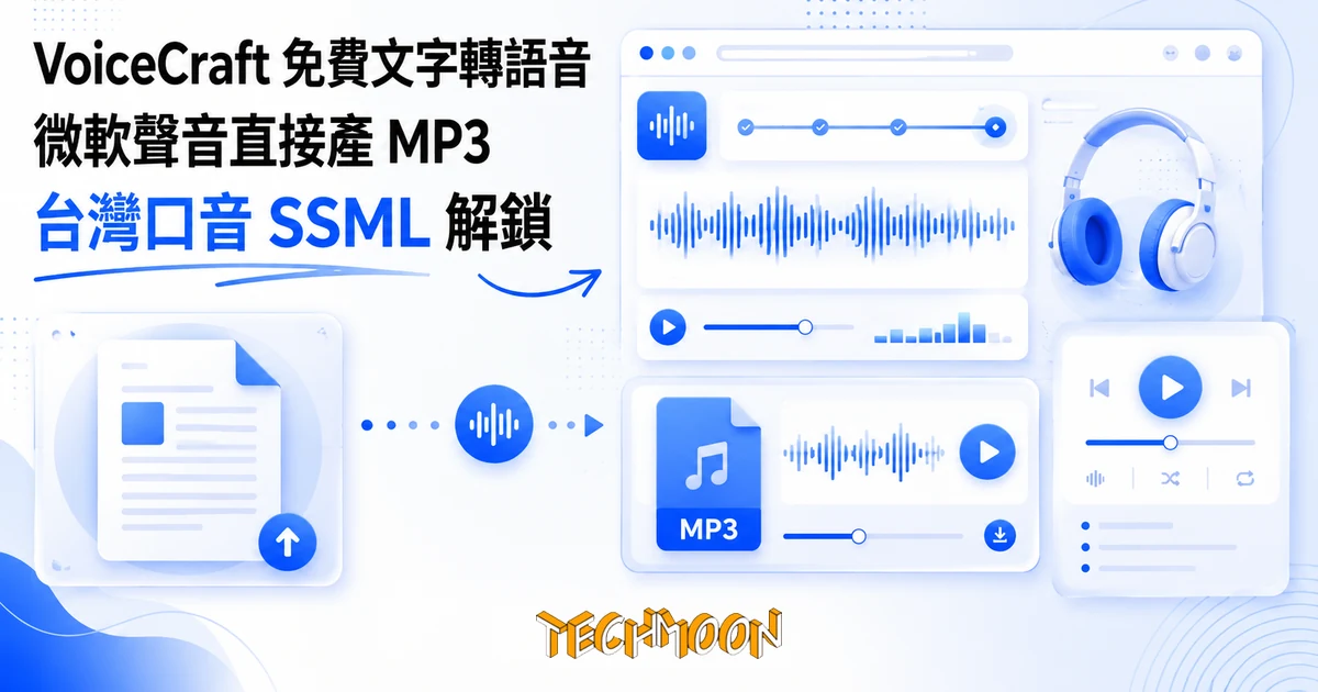 VoiceCraft 文字轉語音實測:免費產 MP3,台灣口音這樣解鎖 1 TechMoon 精選圖|免費網頁版文字轉語音工具概念圖:文件稿件轉成聲波與 MP3 音檔卡片,聲音波形、耳機與播放器介面,明亮藍色科技編輯風格