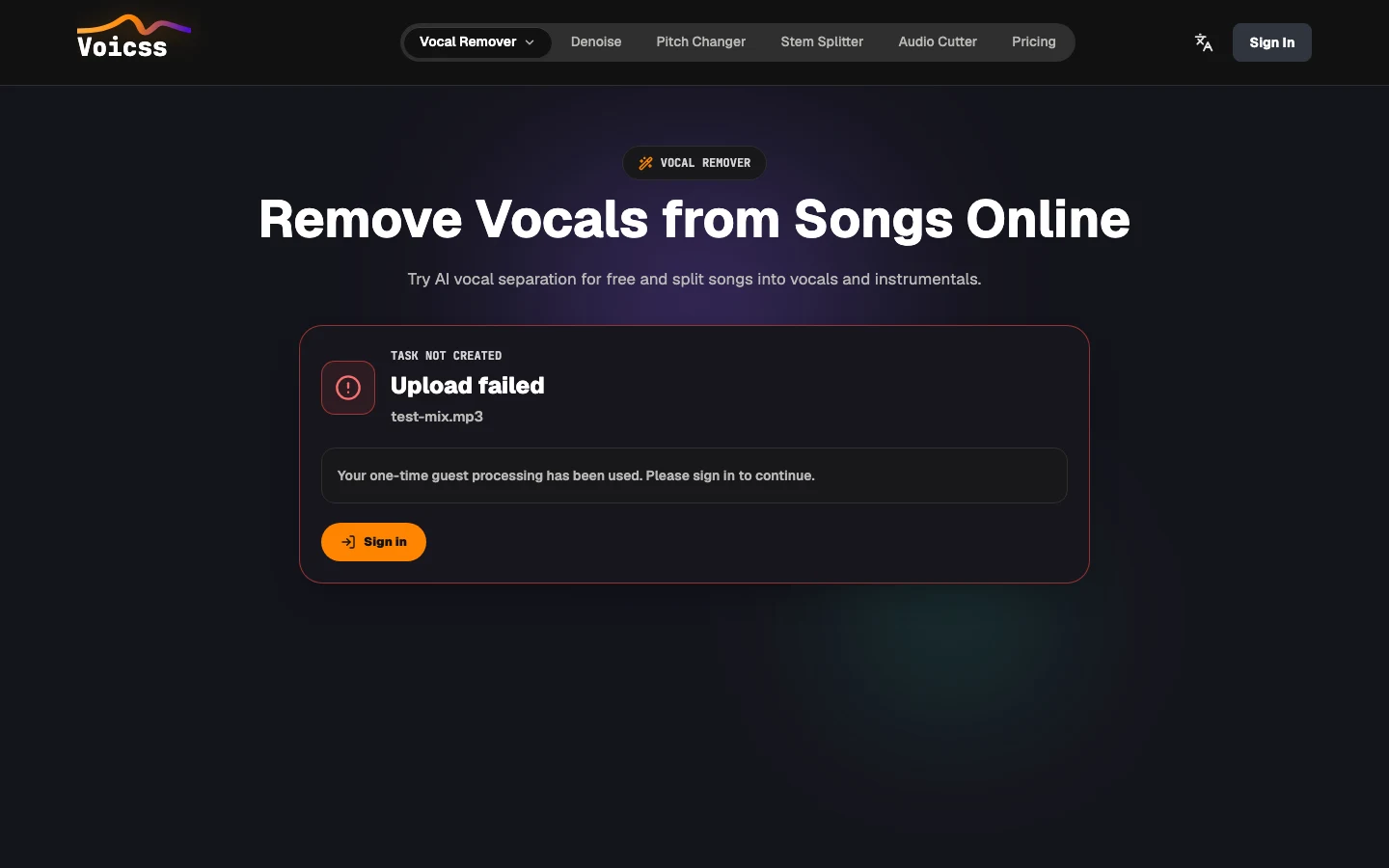 Voicss 免費線上人聲分離實測,一首歌拆出人聲與伴奏兩軌 3 Voicss 訪客額度用完後的第二次上傳畫面,顯示任務未建立與登入提示