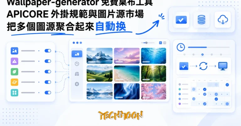 免費桌布工具 Wallpaper-generator,把多個圖源聚合起來自動換 1 TechMoon 精選圖|桌布聚合與自動更換工具,多個圖源收進同一個桌面介面