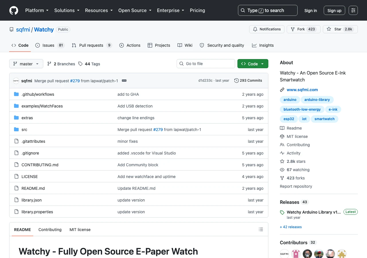 sqfmi/Watchy 的 GitHub 原始碼庫頁面，顯示 2.8k 顆星與 MIT 授權標示及 ESP32 相關標籤