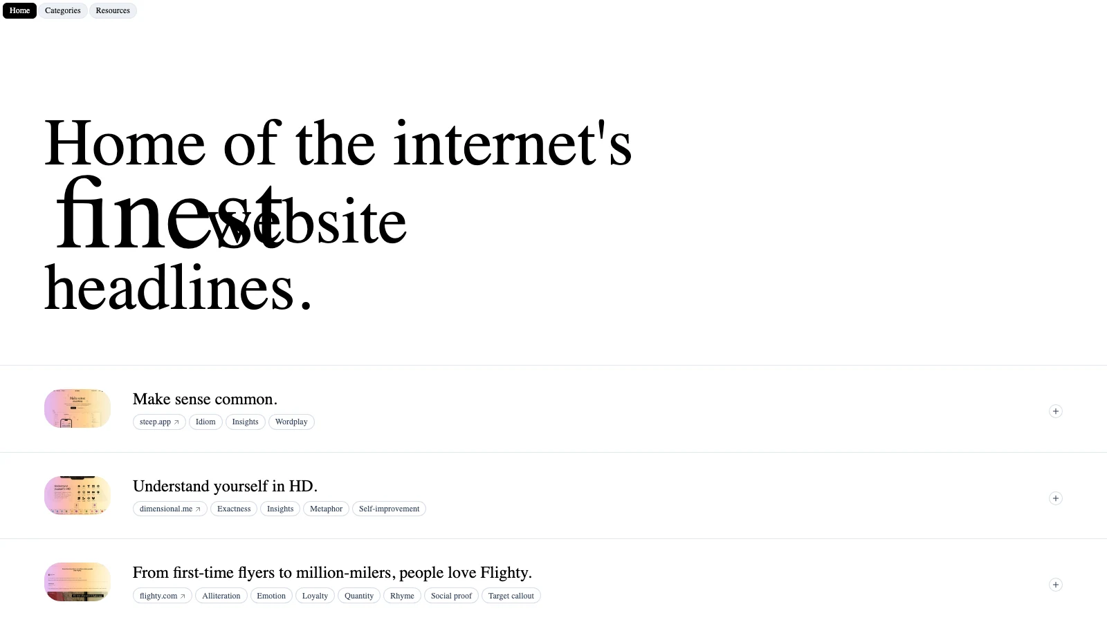 WebsiteHeadlines 官網首頁收錄畫面，每則品牌標題附網域連結與多個手法標籤