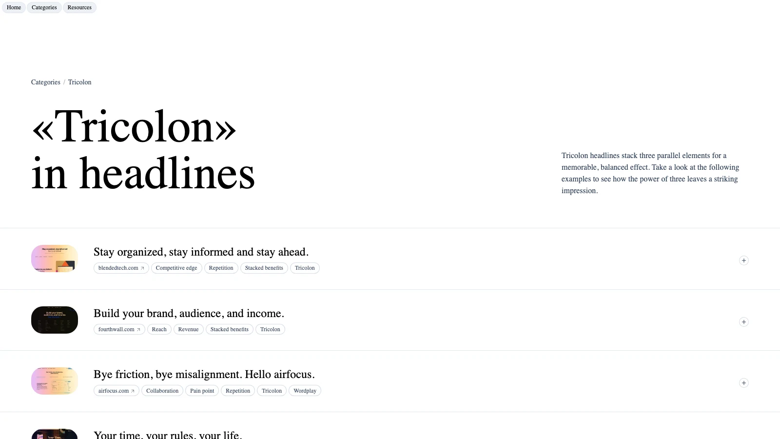 WebsiteHeadlines 的 Tricolon 標籤頁，頁面標題載明 36 則三段式標題範例
