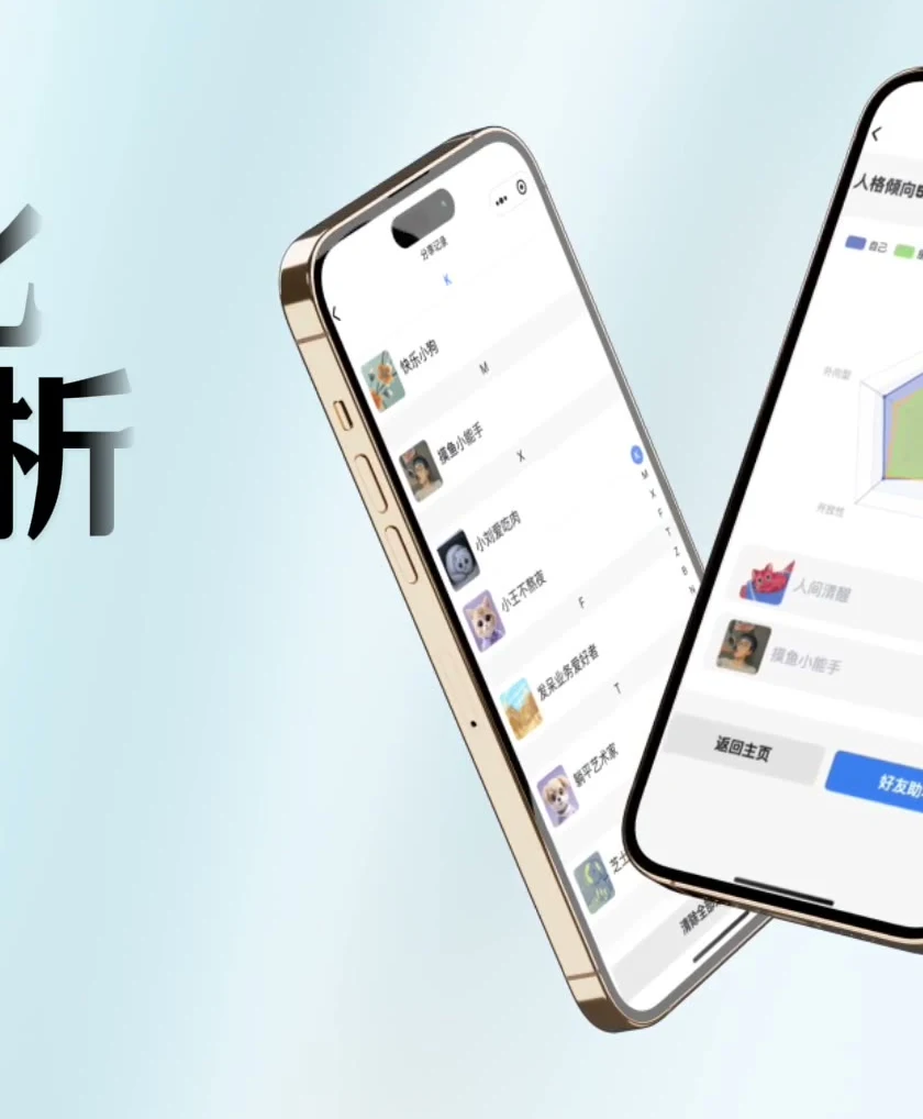 心之鏈:請朋友代填人格問卷,雷達圖對比別人眼中的你 3 心之鏈結果分析頁的雷達圖,自己、朋友1、朋友2 三色疊加對比人格傾向維度