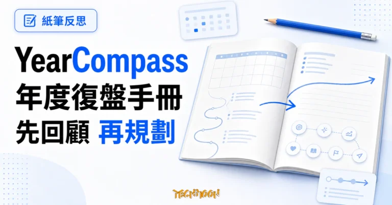 YearComPass 年度復盤手冊:先回顧、再規劃的免費紙筆反思工具 2 TechMoon 精選圖|YearCompass 年度復盤手冊的亮白淡藍紙本視覺,攤開手冊左頁回顧過去一年,右頁規劃新一年。