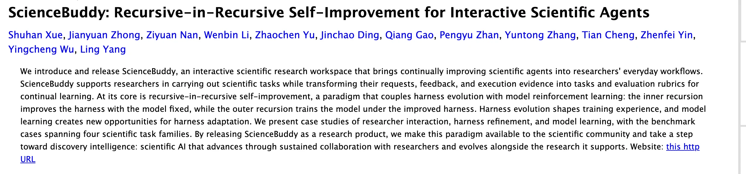 免費科研工作區 ScienceBuddy,開放 GPT-6 讓代理從糾正中改進 2 arXiv 論文頁面截圖,標題 ScienceBuddy: Recursive-in-Recursive Self-Improvement for Interactive Scientific Agents,列出 13 位作者,摘要說明這是一個把持續改進的科學代理帶進研究者日常工作的互動式科研工作區