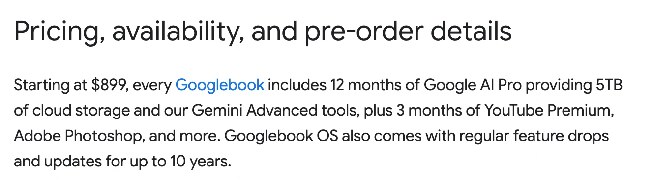 Googlebook 是什麼?把 Android 手機體驗搬進高階筆電 4 Google 官方部落格 Googlebook 預購公告的價格與隨附權益段落截圖