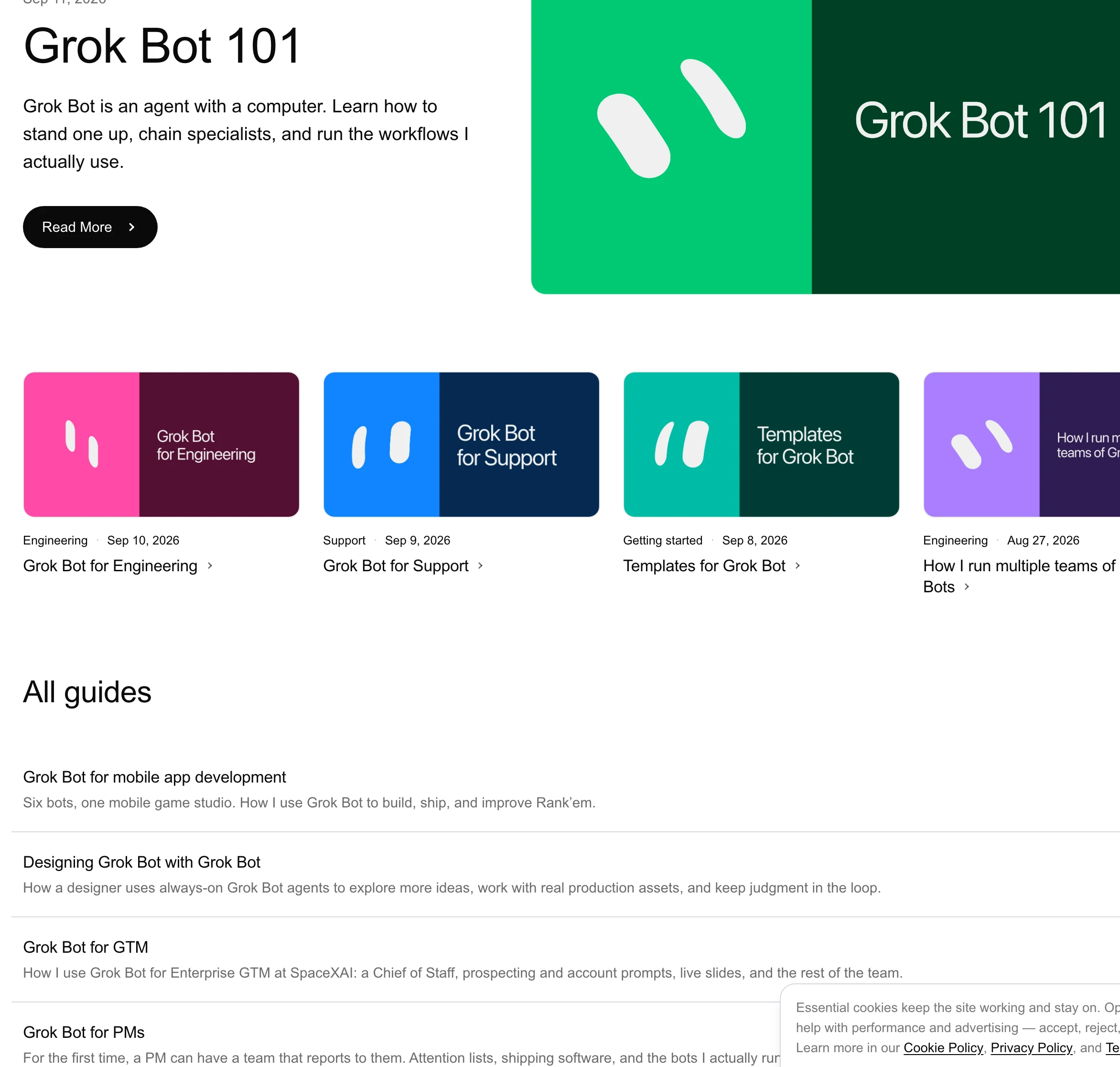 x.ai 官方 Grok Bot Guides 索引頁，列出全部 9 篇指南