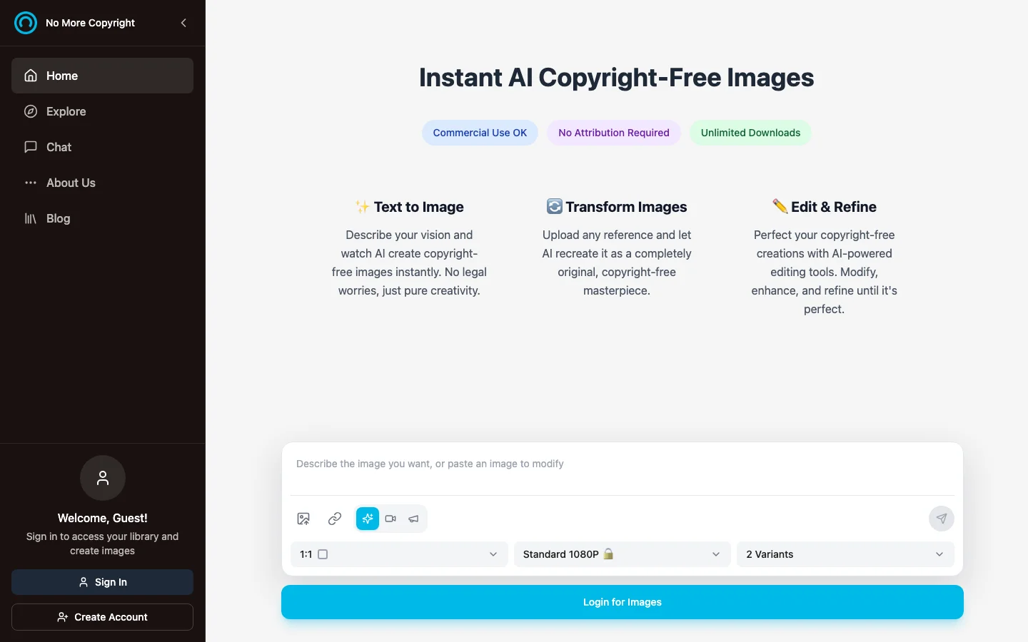 No More Copyright:AI 無版權圖片生成器,實測條款把版權責任留給你 2 No More Copyright 首頁匿名實測,生成按鈕顯示 Login for Images,未登入無法生成