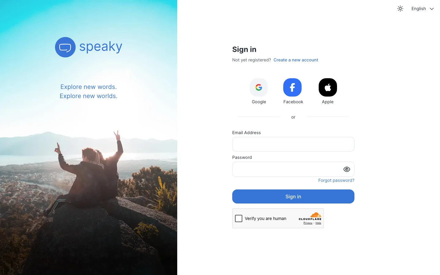 Speaky 網頁版登入頁截圖，提供 Google、Facebook、Apple 與電子郵件四種登入方式，表單前有 Cloudflare 真人驗證