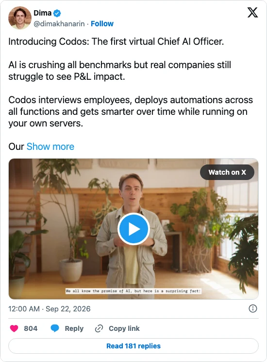 Codos 是什麼?自稱虛擬 AI 長的轉型服務,成效數字先看來源 2 Codos 共同創辦人 Dima Khanarin 的 X 發布貼文嵌入卡,內文寫著 Introducing Codos: The first virtual Chief AI Officer,附宣傳影片縮圖