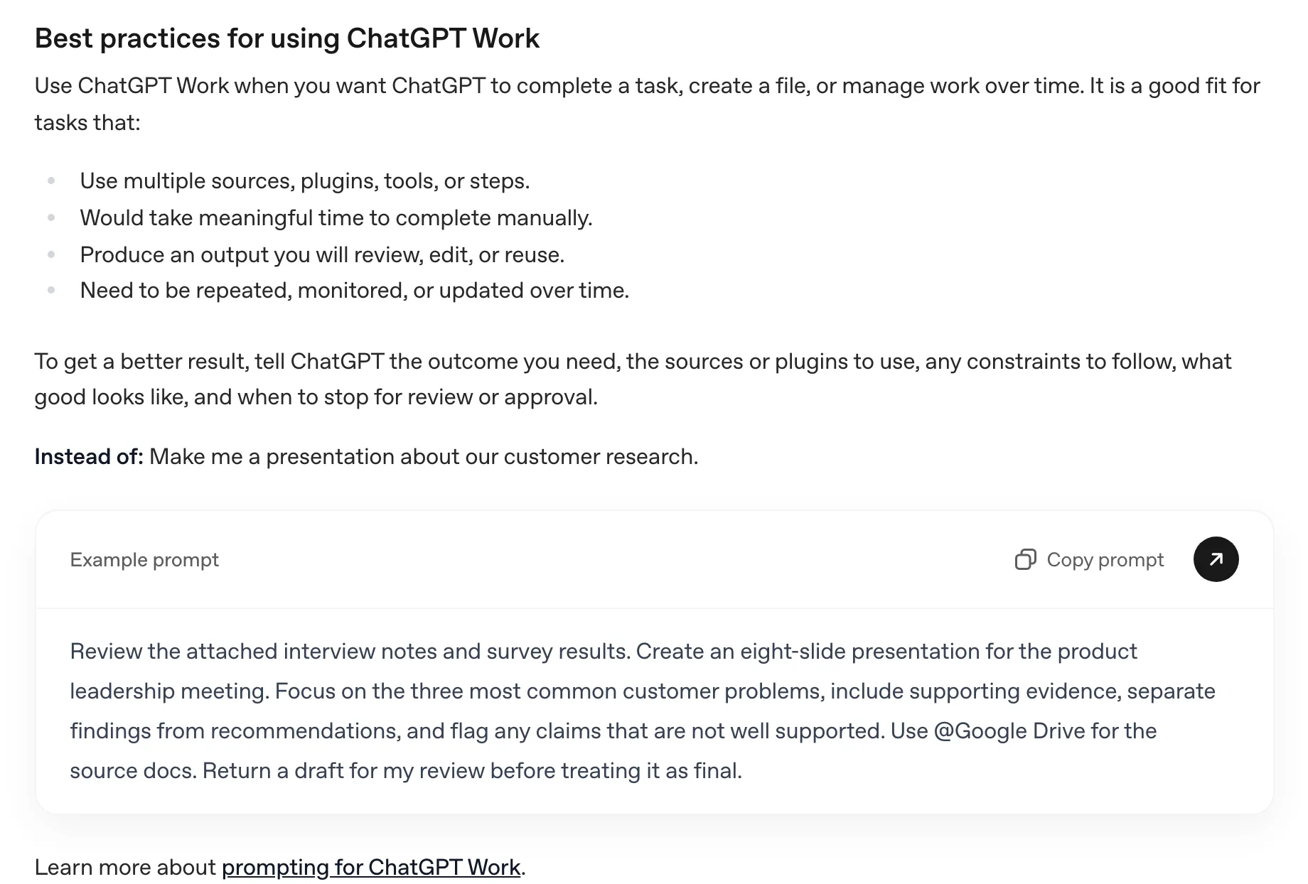 OpenAI 官方入門文件列出適合 ChatGPT Work 的四種任務條件，附官方範例 prompt 對照