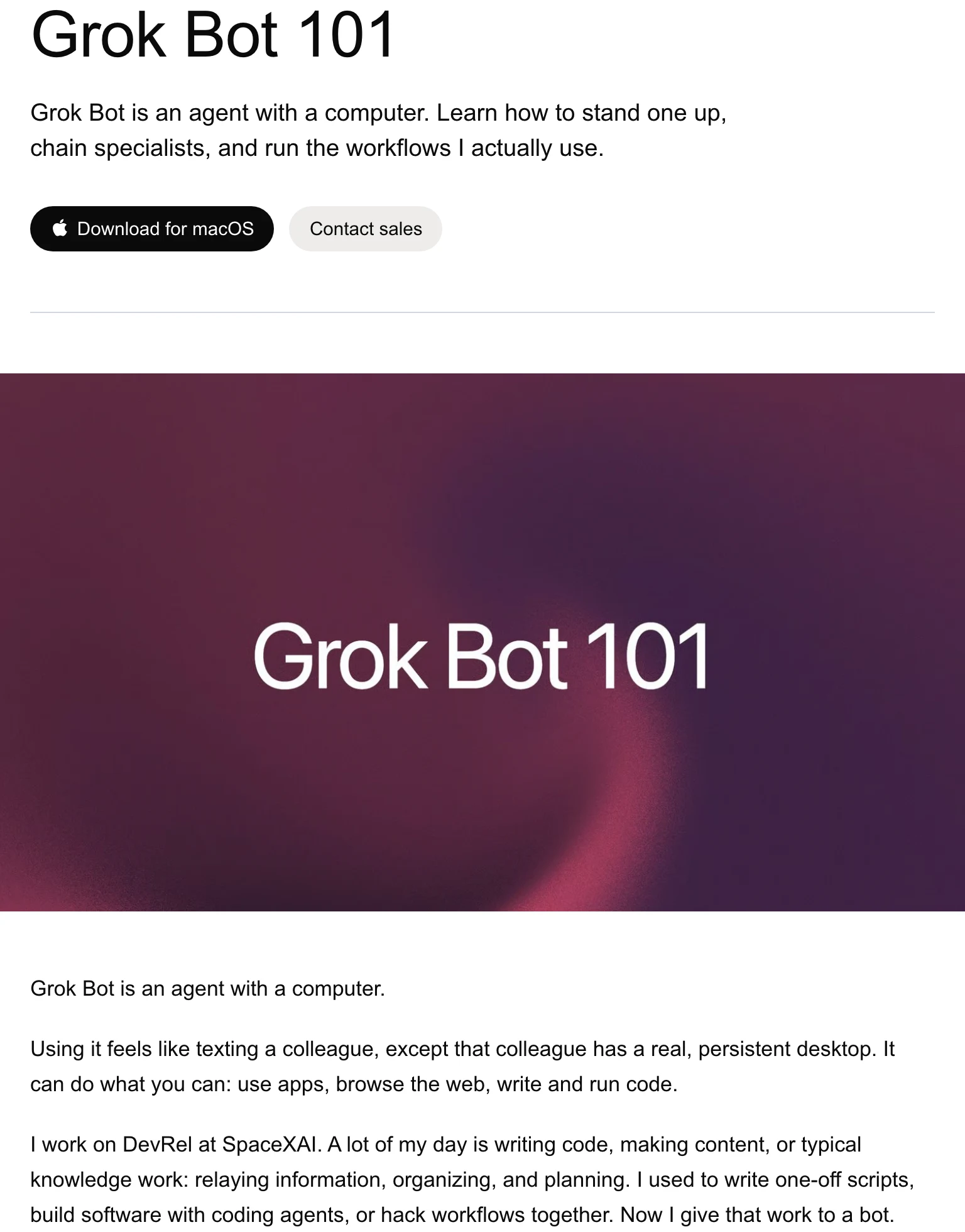 Grok Bot 101 官方指南開頭，定位是配備雲端電腦的代理