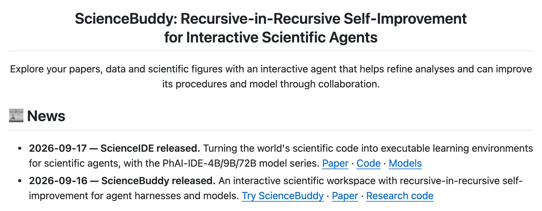 免費科研工作區 ScienceBuddy,開放 GPT-6 讓代理從糾正中改進 3 GitHub 儲存庫 News 區塊截圖,兩條項目記錄 2026 年 9 月 17 日 ScienceIDE 釋出與 9 月 16 日 ScienceBuddy 釋出,後者附論文與研究程式碼連結