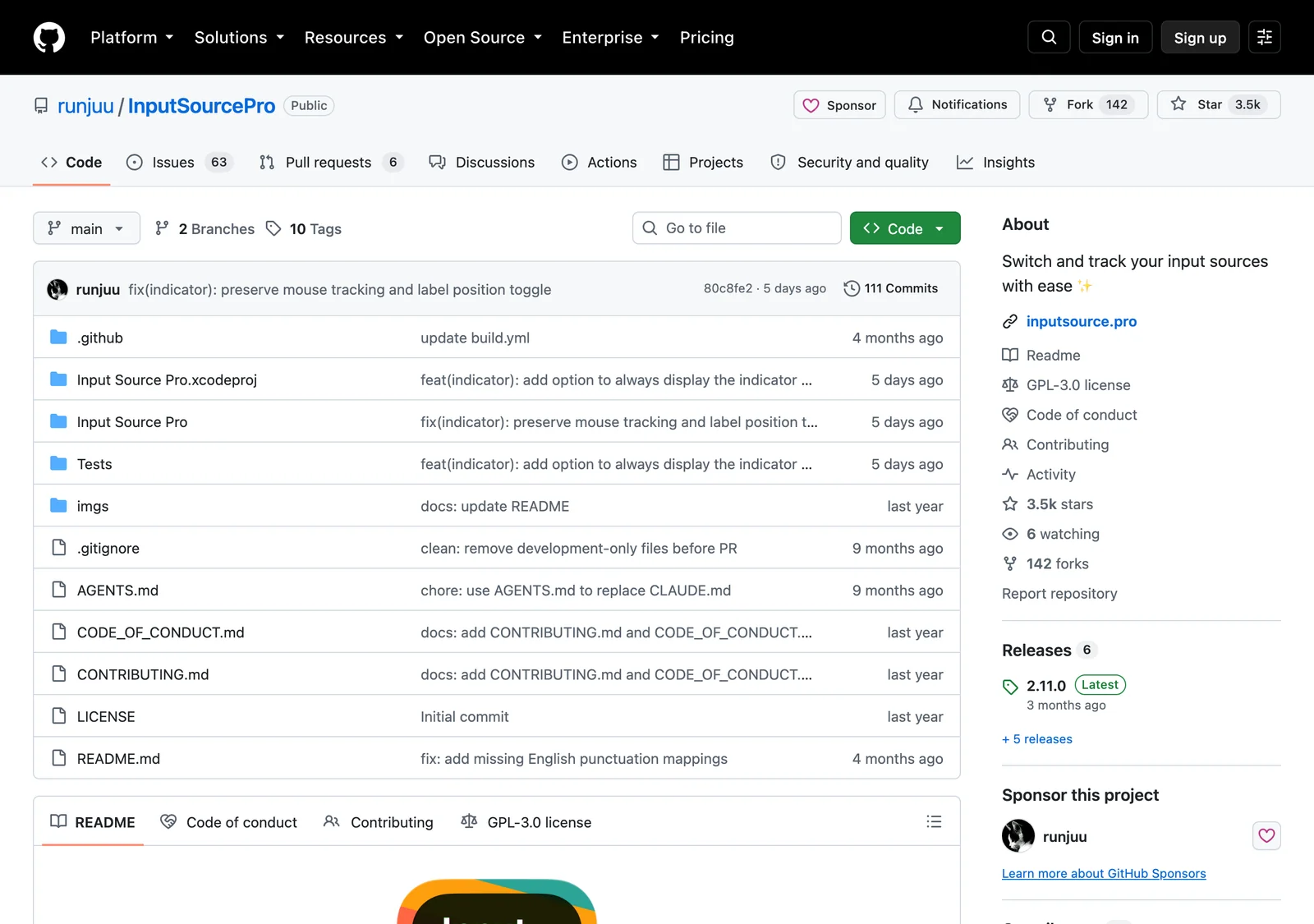 Input Source Pro 的 GitHub 專案頁，顯示 3,500 多個星標、GPL-3.0 授權標示與 Swift 專案原始碼目錄結構