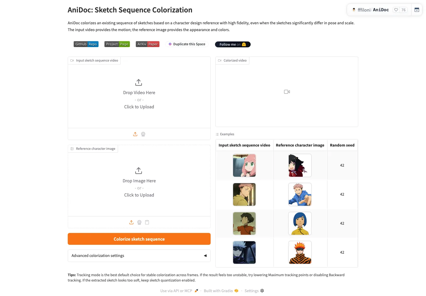 AniDoc:開源 AI 動畫上色工具,一張角色設定圖替整段線稿動畫上色 3 Hugging Face 上 AniDoc demo 的介面:左側輸入線稿影片與參考圖,右側為上色結果
