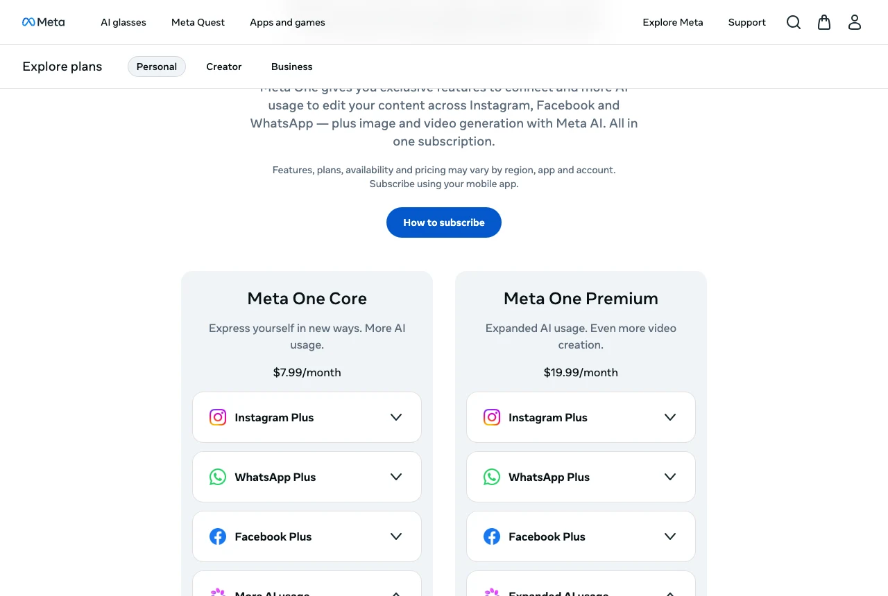 Meta 官方方案頁顯示 Meta One Core 每月 7.99 美元與 Meta One Premium 每月 19.99 美元，兩卡列出 Instagram Plus、WhatsApp Plus、Facebook Plus 功能與 AI 用量差異