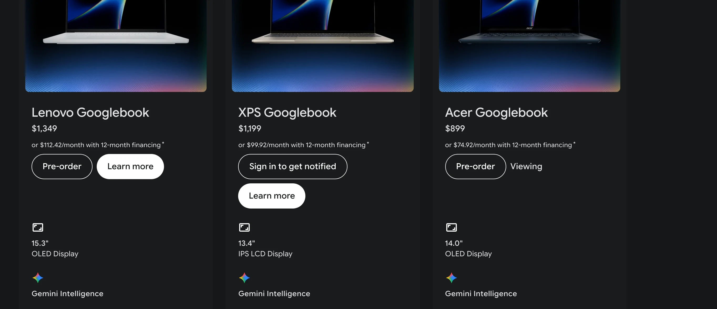 Googlebook 是什麼?把 Android 手機體驗搬進高階筆電 3 Google Store 比較區顯示 Lenovo、XPS 與 Acer 三款 Googlebook 的價格與預購狀態