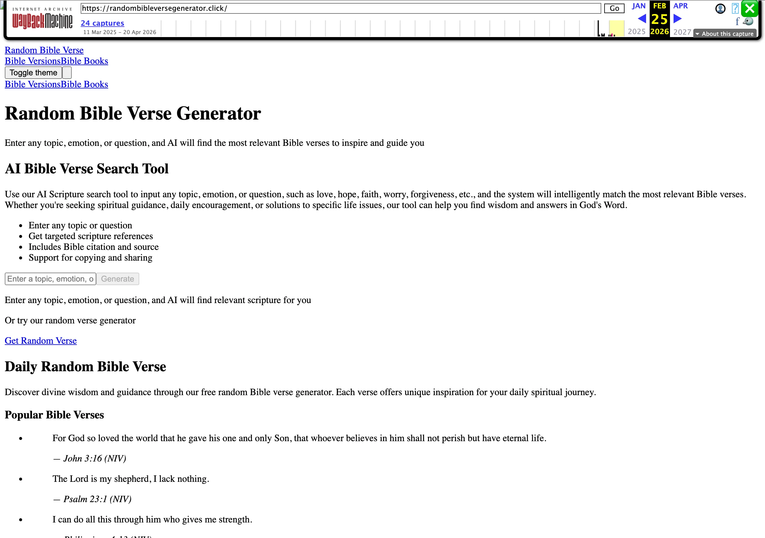 Random Bible Verse Generator 打不開了:關站查證與替代入口 3 網際網路檔案館 2026 年 2 月 25 日存檔的首頁畫面,可見 Random Bible Verse Generator 標題、主題輸入框與 Generate 按鈕,存檔瀏覽列顯示二十四次抓取