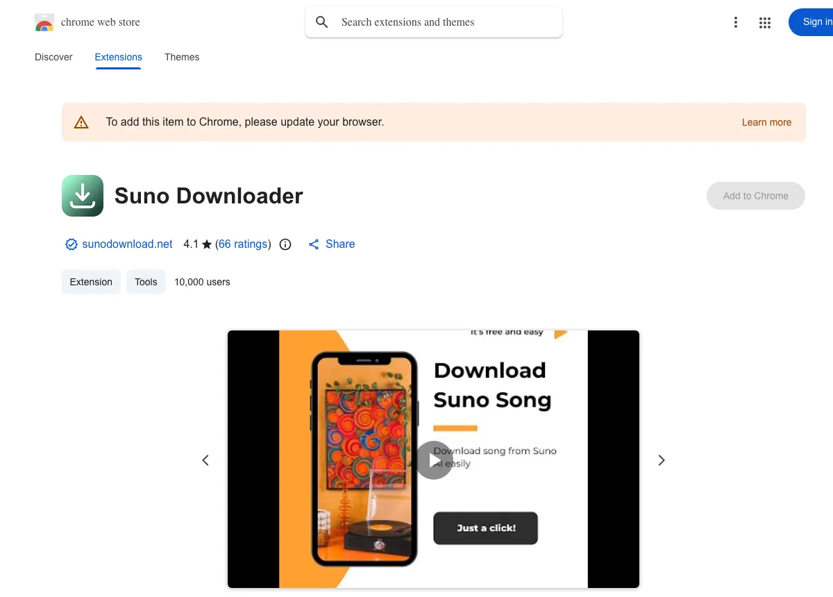 Suno Download:免費 Suno AI 音樂下載器,不用註冊帳號就能把公開歌曲存進本機 4 Chrome 線上應用程式商店的 Suno Downloader 擴充功能頁面,顯示開發者 sunodownload.net、一萬名用戶與 4.1 顆星評分