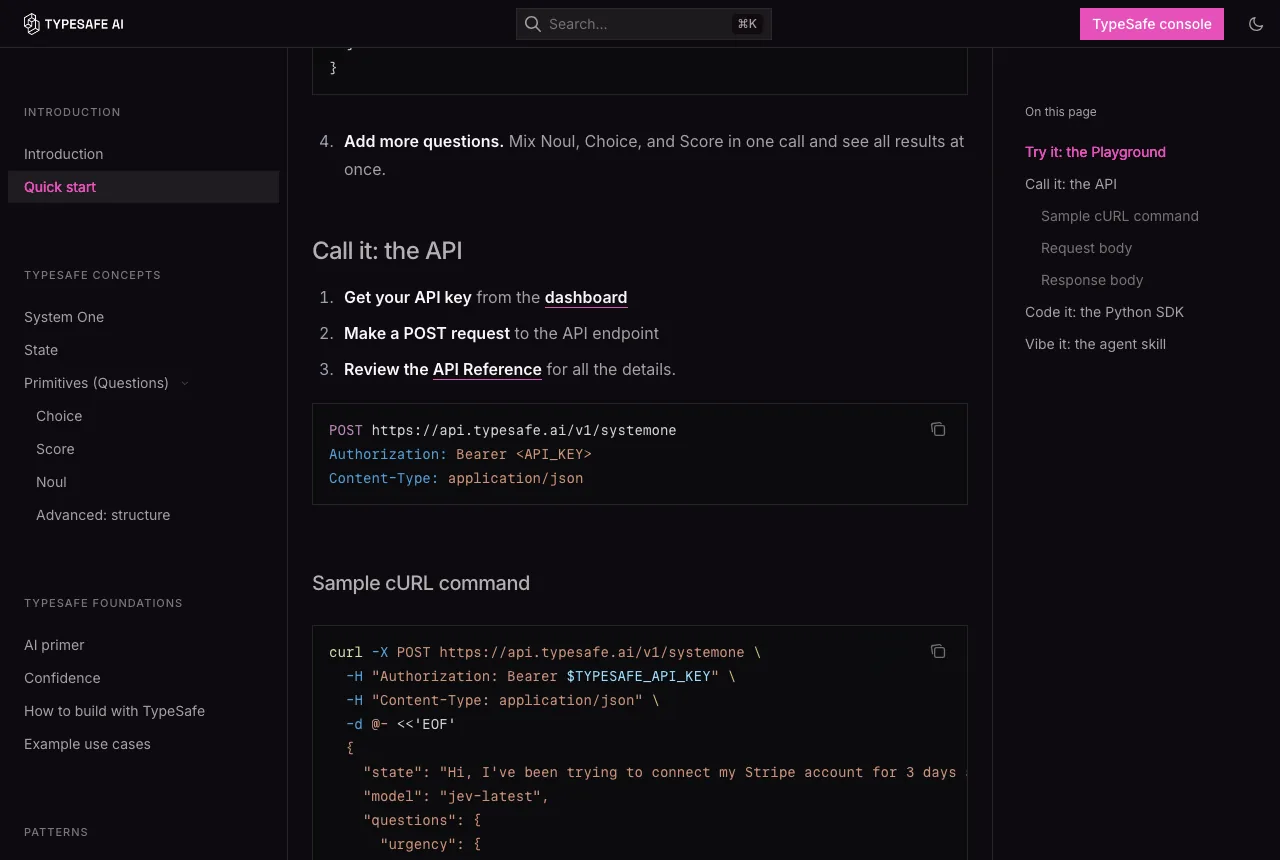TypeSafe AI 發表 Jev 模型:不生成文字只回決策,輸出免費 3 TypeSafe AI 文件快速上手頁,POST api.typesafe.ai/v1/systemone 呼叫範例