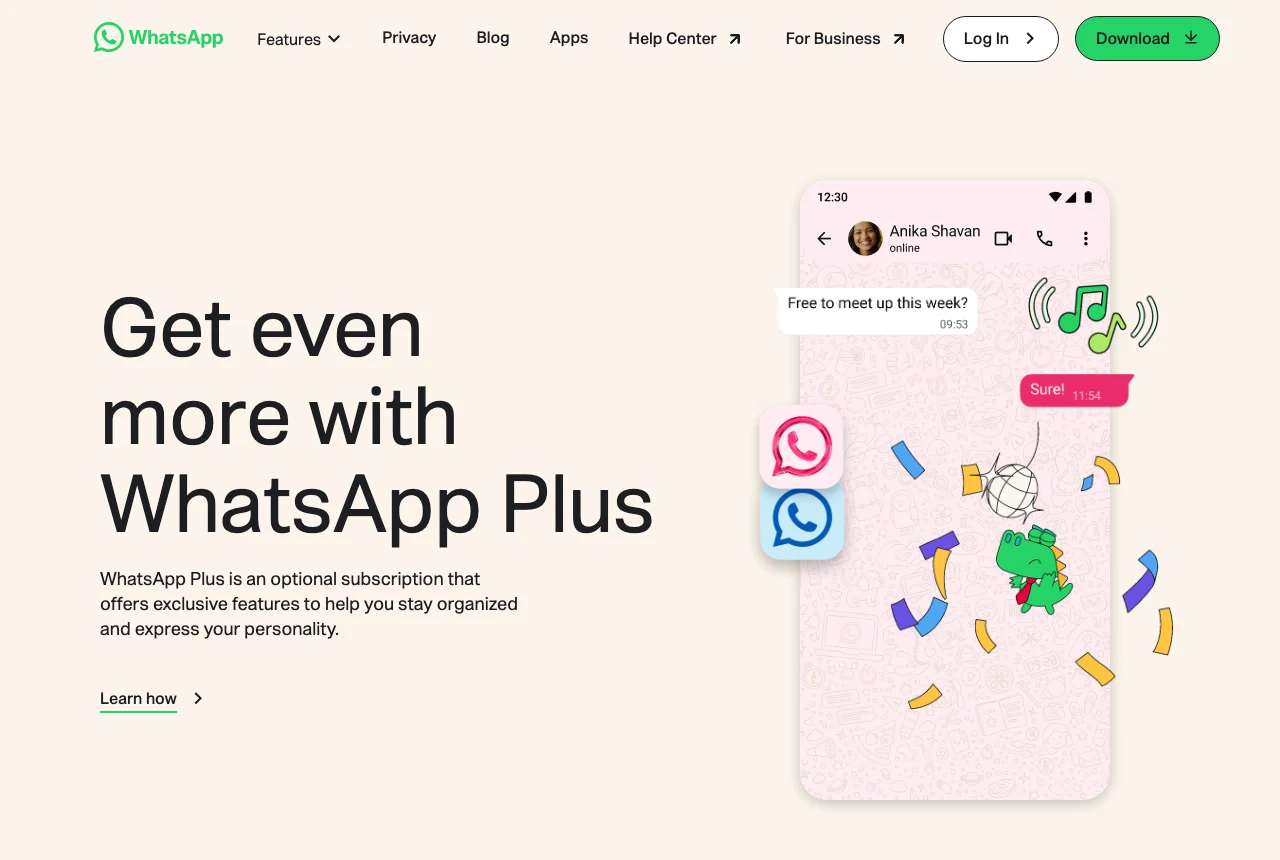 WhatsApp 官方網站的 WhatsApp Plus 介紹頁，標題 Get even more with WhatsApp Plus，右側為手機對話示意畫面與特效貼圖插圖
