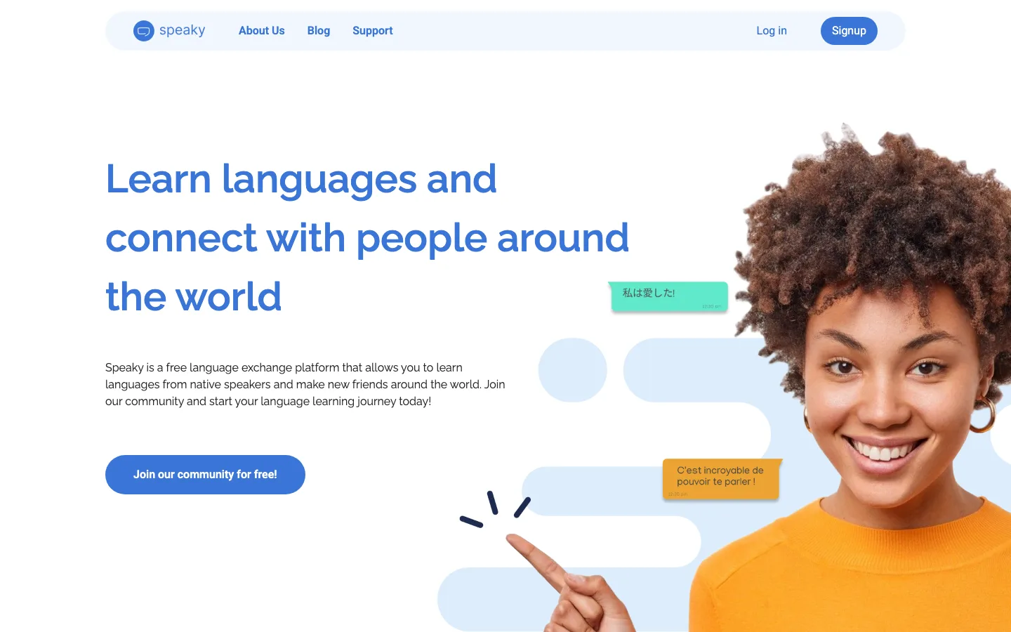 Speaky 官網首頁截圖，主標題 Learn languages and connect with people around the world，配圖為微笑人物照與 Join our community for free 免費加入按鈕