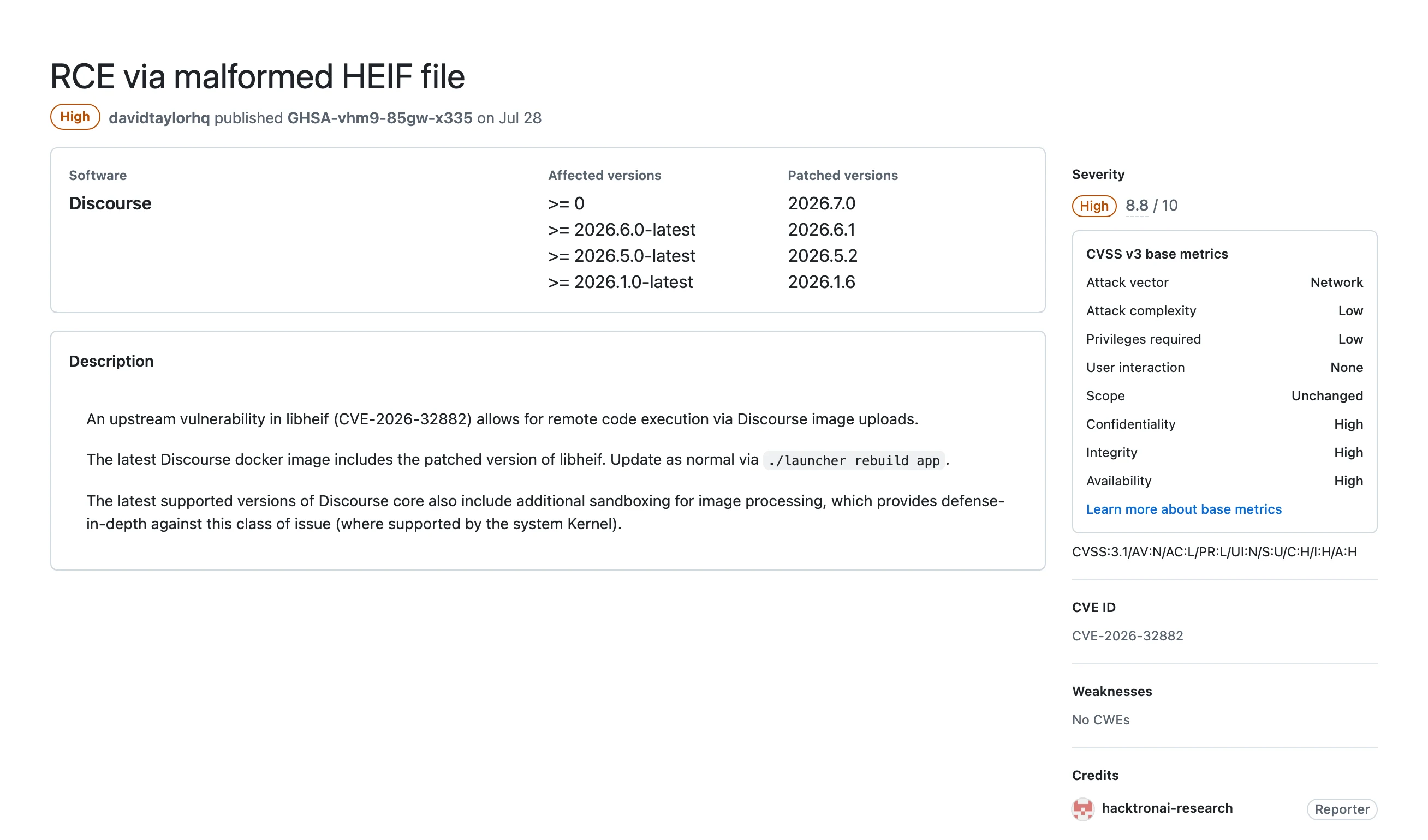Hacktron 用 Claude 打進 OpenAI 內部程式庫,72 小時串起兩個舊漏洞 4 Discourse GHSA-vhm9-85gw-x335 安全公告