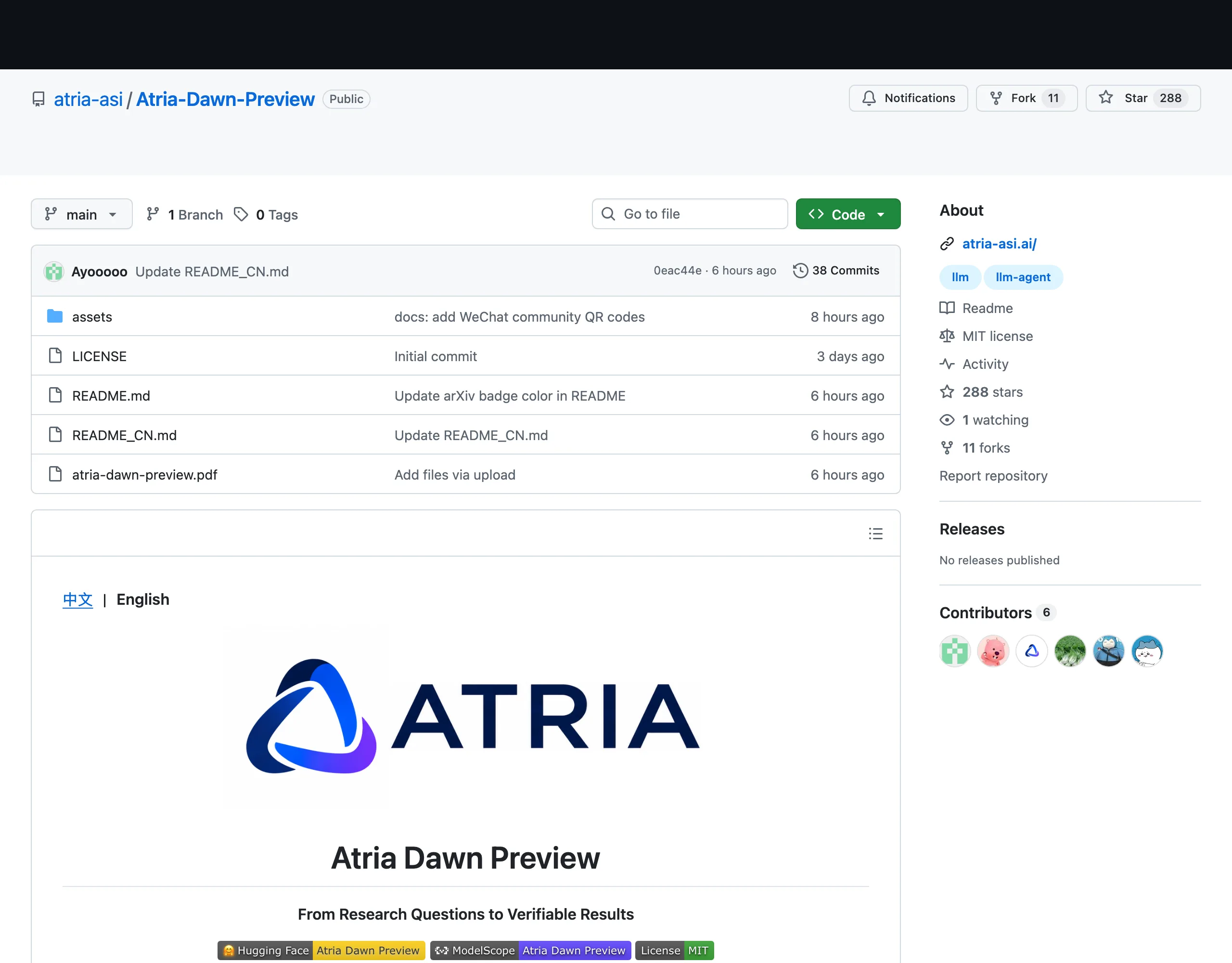 Atria Dawn Preview 開源 Agent 模型,5 項基準拿下最高分 3 GitHub 上 atria-asi Atria-Dawn-Preview 倉庫根目錄檔案清單,只有 assets 資料夾、LICENSE、README.md、README_CN.md 與一份 PDF,沒有程式碼