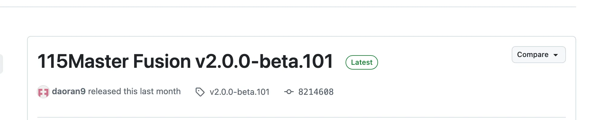 115Master Fusion 的 releases 頁面，顯示 v2.0.0-beta.101 版次資訊
