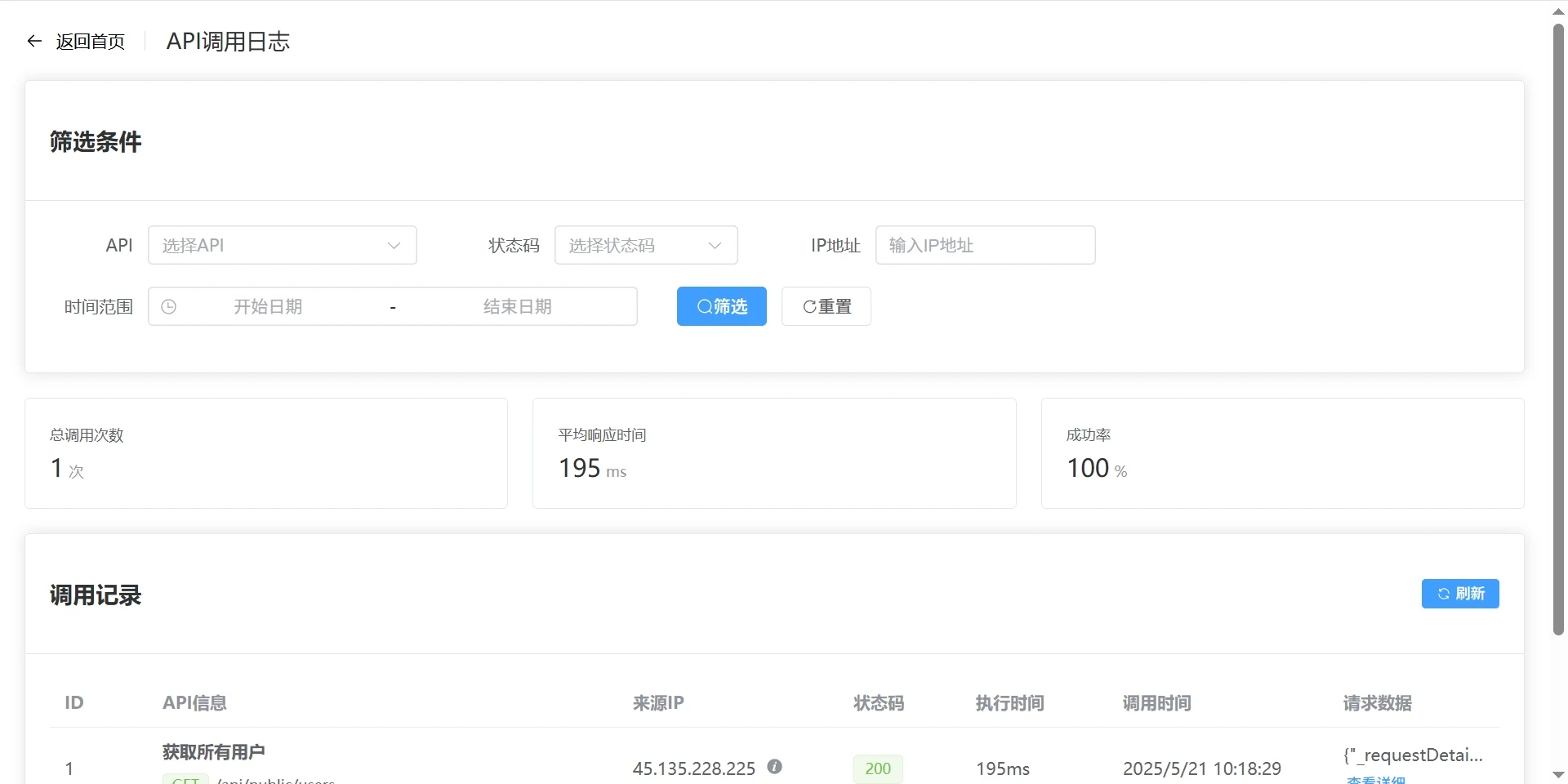 Cloudflare SQL to API 開源工具,寫 SQL 就能發布 REST API 4 Cloudflare SQL to API 的呼叫日誌頁面,上方有依 API、狀態碼、IP 位址、時間範圍的篩選器與統計卡片,表格列出每筆呼叫的來源 IP、狀態碼、執行時間與請求內容