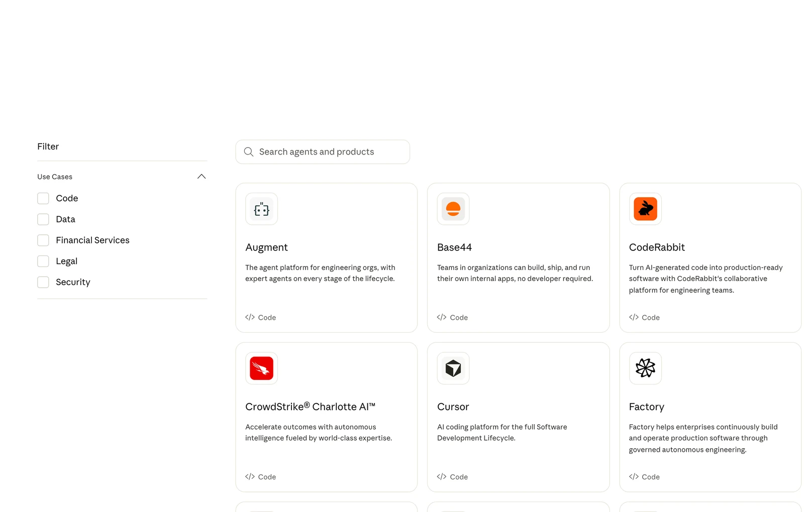 Claude Marketplace 代理與產品目錄頁截圖，篩選器顯示 15 products，清單開頭為 Augment、Base44、CodeRabbit、CrowdStrike Charlotte AI、Cursor 等產品卡，用途分類標籤包含 Code 與 Data
