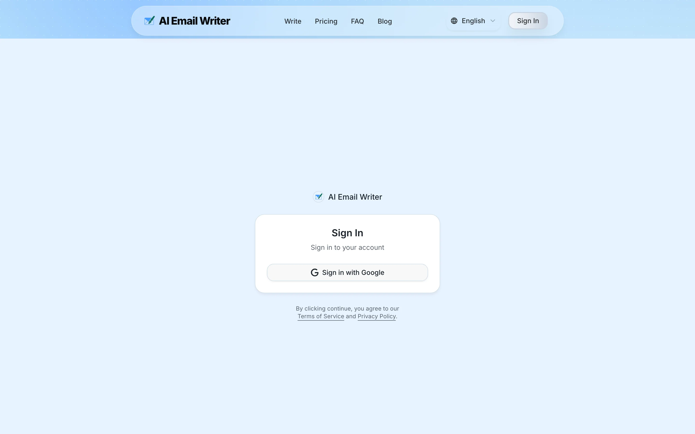 WriteMail:把想不出開頭的英文商務郵件交給 AI 寫成整封初稿 3 WriteMail 登入頁:Sign in to your account 標題下只有 Sign in with Google 一個選項