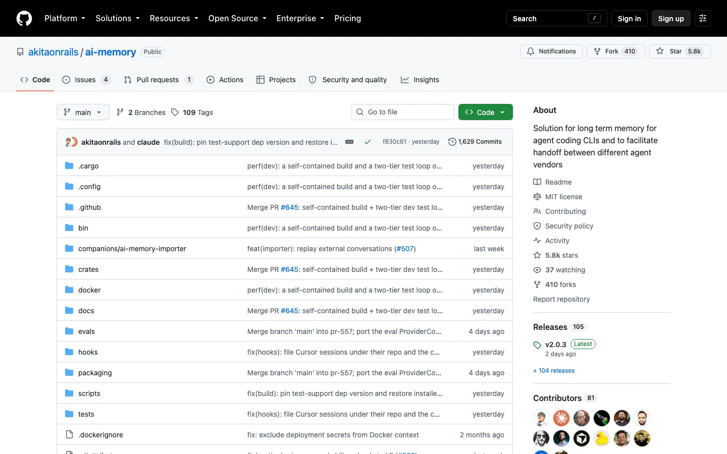GitHub 上 akitaonrails/ai-memory 儲存庫首頁，標題寫著給 Agent 編程 CLI 的長期記憶與跨廠牌交接方案