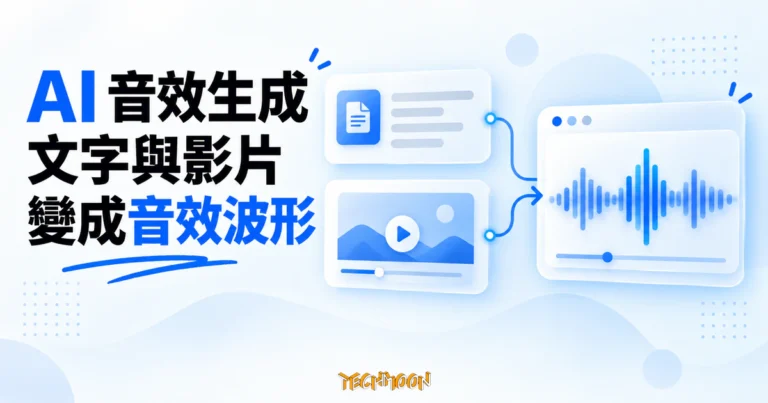 TechMoon 精選圖｜文字描述與影片畫面匯入 AI 音效工具，生成藍色聲音波形的概念圖。