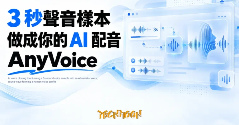 TechMoon 精選圖｜AI voice cloning tool turning a 3-second voice sample into an AI narrator voice, sound wave forming a human