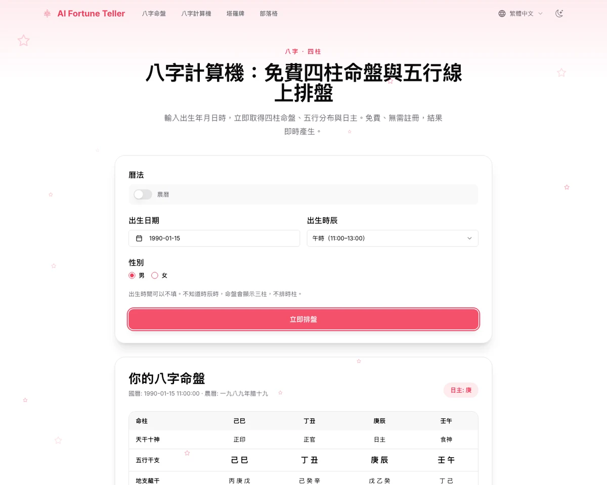 AI Fortune Teller 八字計算機排出的命盤結果，顯示己巳丁丑庚辰壬午四柱、天干十神、地支藏干與五行分布
