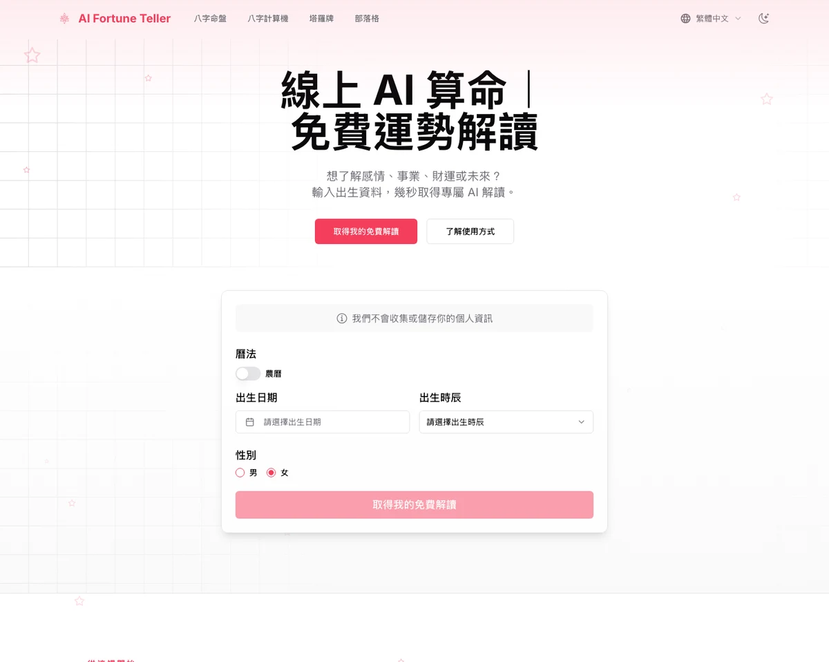 AI Fortune Teller 繁體版首頁的出生資料表單，含曆法、出生日期、出生時辰與性別欄位，上方標注不會收集個人資訊