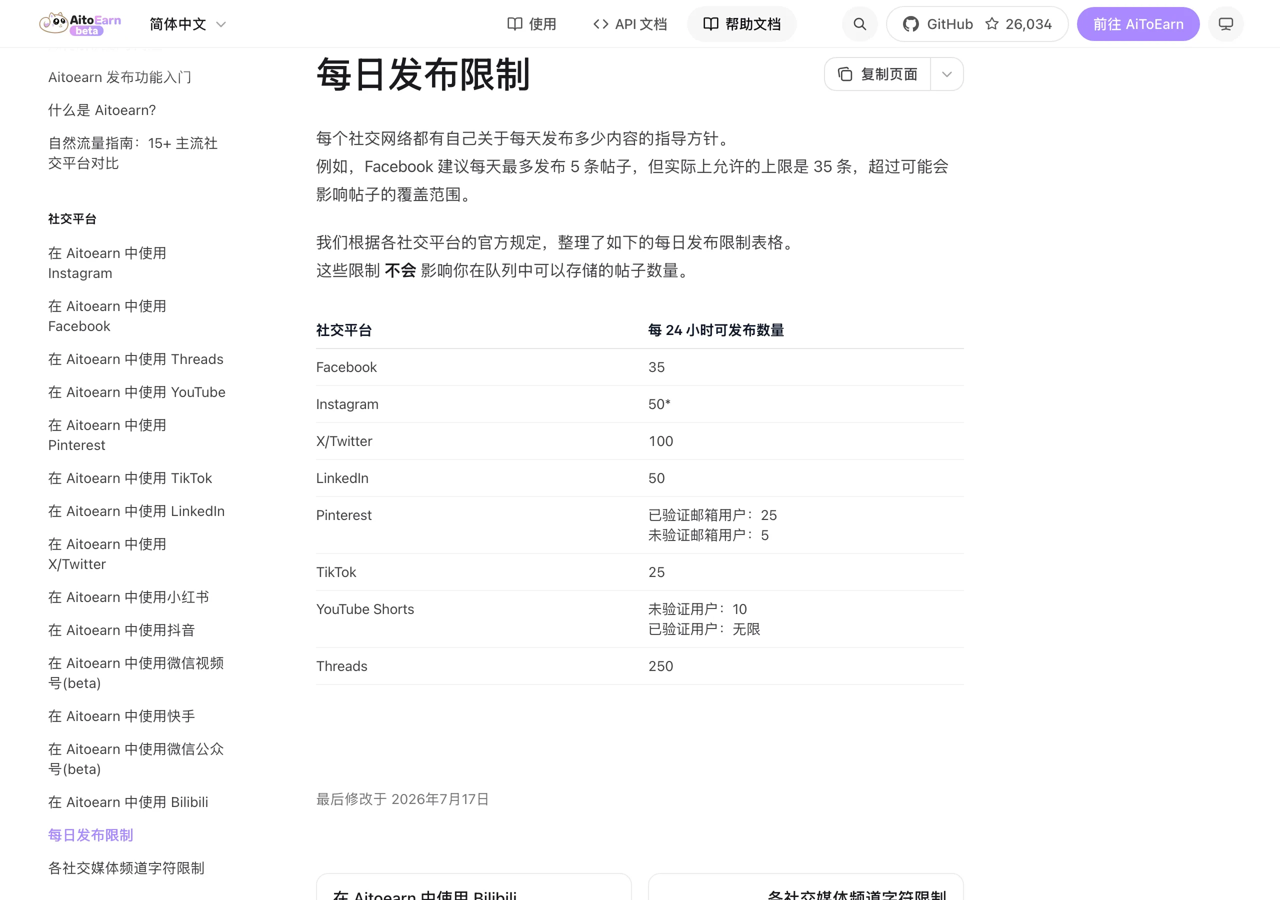 AiToEarn 開源多平台發布工具,發文與 AI 生成收進同一控制台 3 AiToEarn 官方文件的每日發布限制表:列出八個平台每 24 小時可發布數量