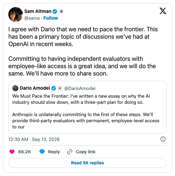OpenAI 承諾讓外部評估者以近似員工權限進駐,跟進降速提案 2 Sam Altman 於 2026 年 9 月 12 日在 X 發布的承諾貼文:同意 Dario Amodei 需要為前沿設速,並承諾讓獨立評估者取得近似員工的存取權,OpenAI 也會照做