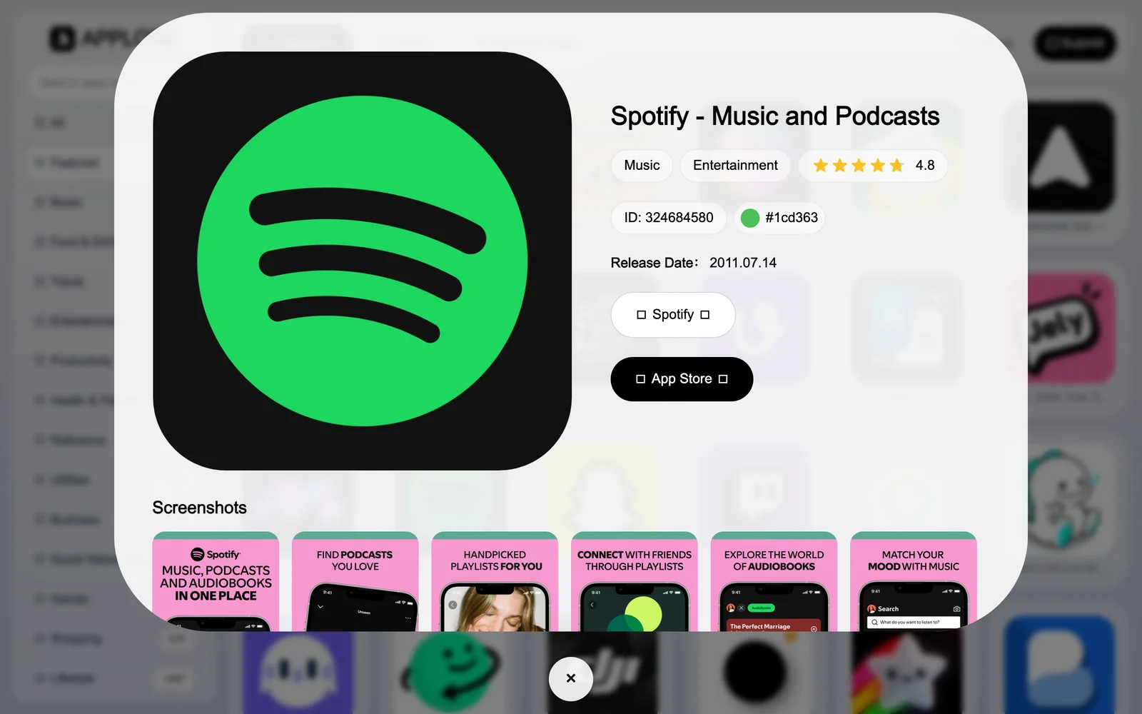 APPLORE 圖示資料庫:5,745 個 iOS 圖示按顏色與年份翻找 3 APPLORE 的 Spotify 圖示資料卡彈出視窗,顯示音樂與娛樂雙分類、4.8 評分、主色碼 1cd363 的綠色色票、2011 年 7 月發布日與 App Store 截圖