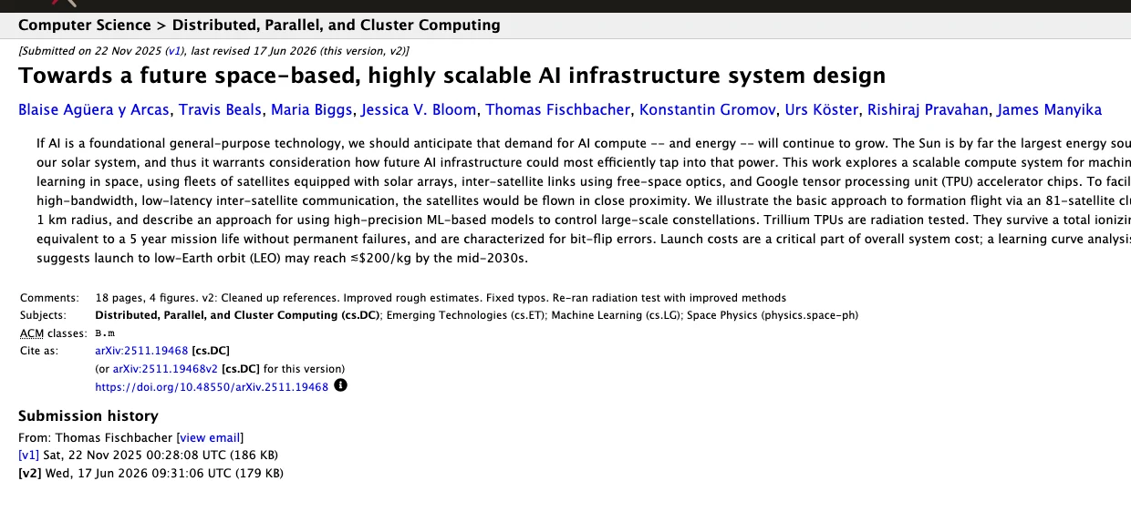arXiv 論文頁截圖，標題 Towards a future space-based, highly scalable AI infrastructure system design，提交日期 2025 年 11 月 22 日，2026 年 6 月 17 日修訂為第二版