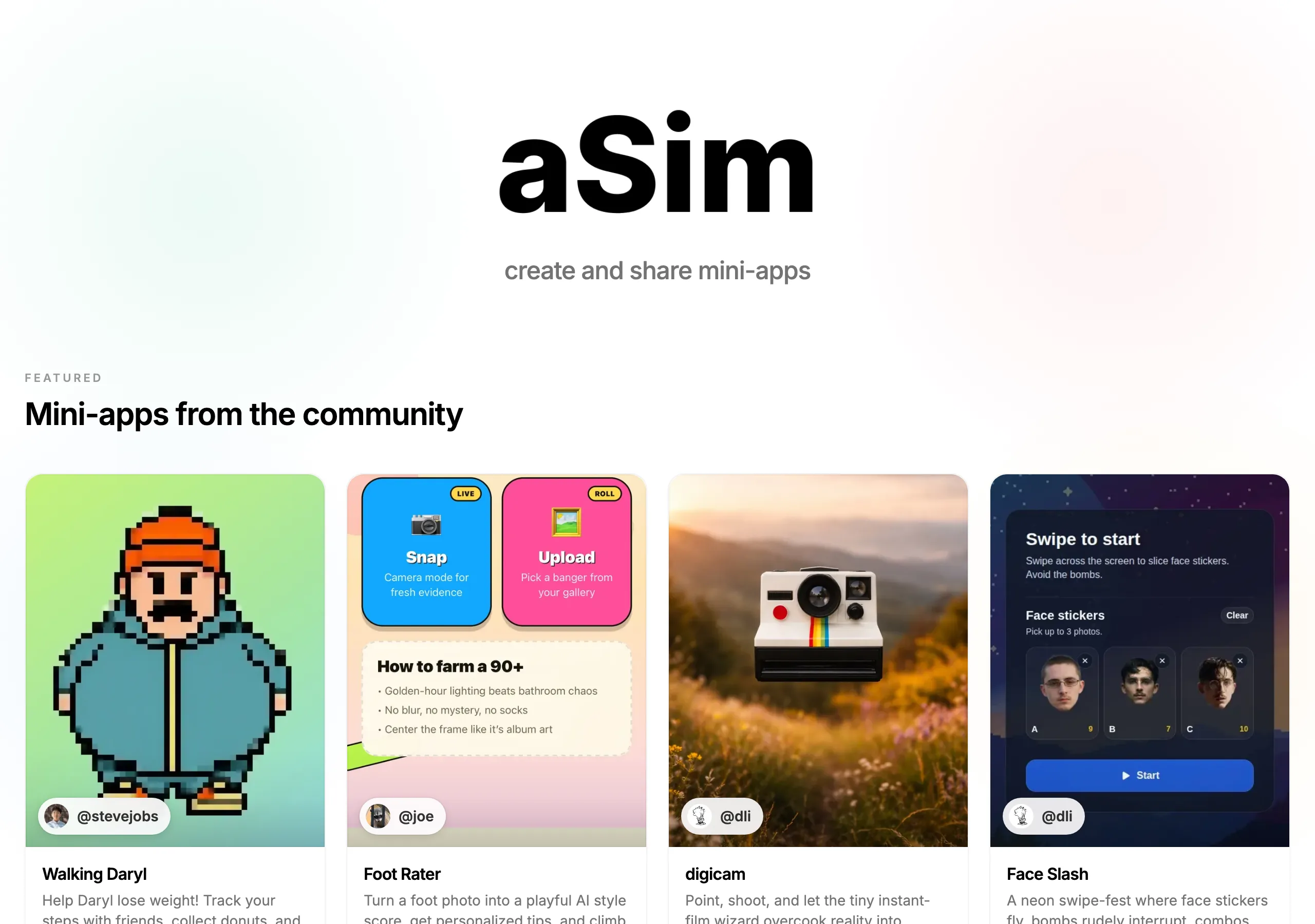 aSim 一句話生成迷你 App:原型馬上玩,作品住在平台裡 2 asim.sh 官網首頁的社群精選畫廊,展示 Walking Daryl、Foot Rater、digicam 與 Face Slash 四個迷你 App