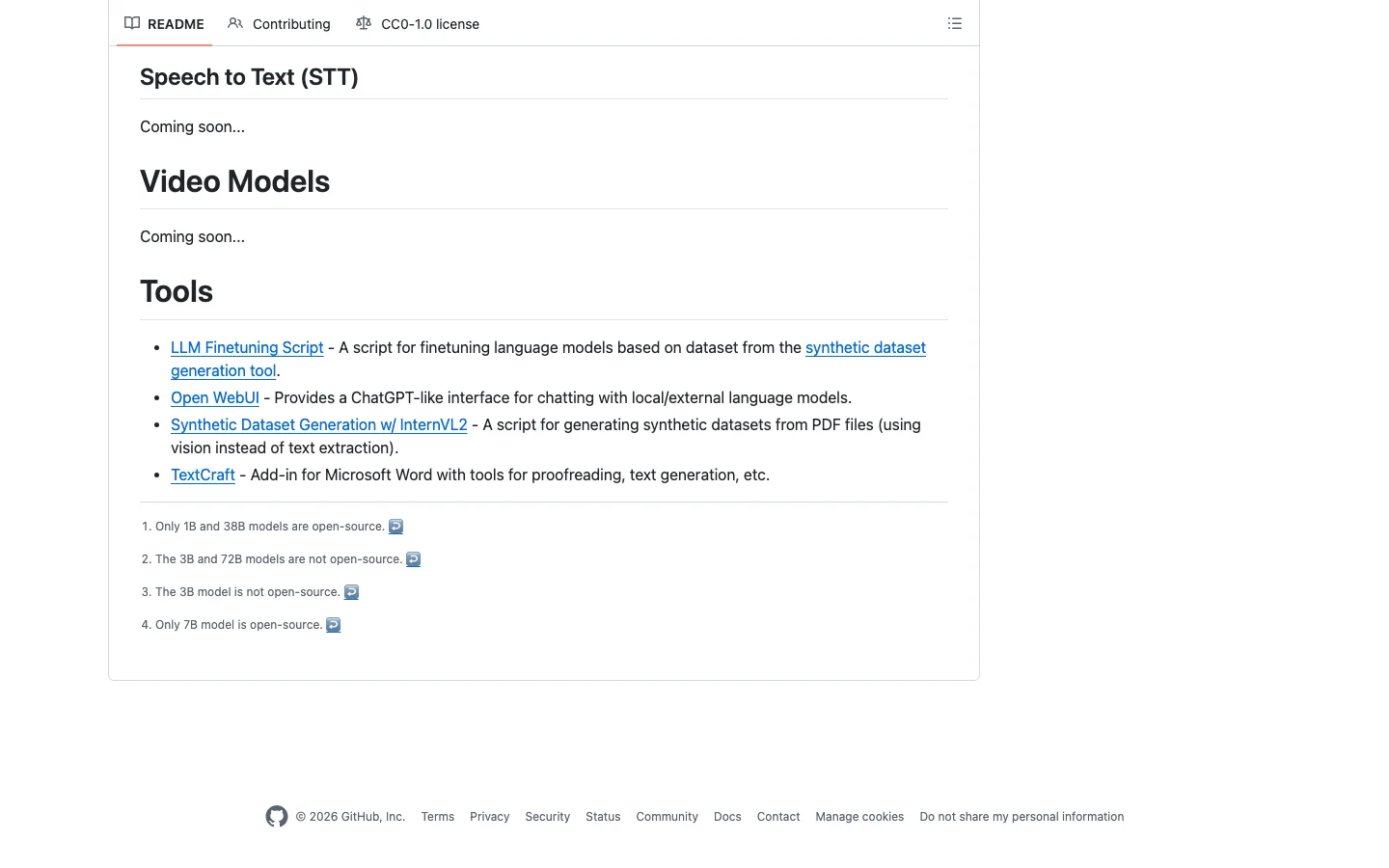 Awesome Open Source AI 開源 AI 清單,用腳註標出真開源的尺寸 3 README 頁尾的四條授權腳註,逐條標明 InternVL 2.5 與 Qwen 2.5 系列哪些尺寸不是開源