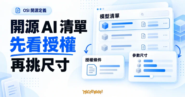 TechMoon 精選圖｜開源 AI 清單主題圖，以模型清單、授權條件與參數尺寸卡片，呈現先看授權再挑尺寸的篩選流程。