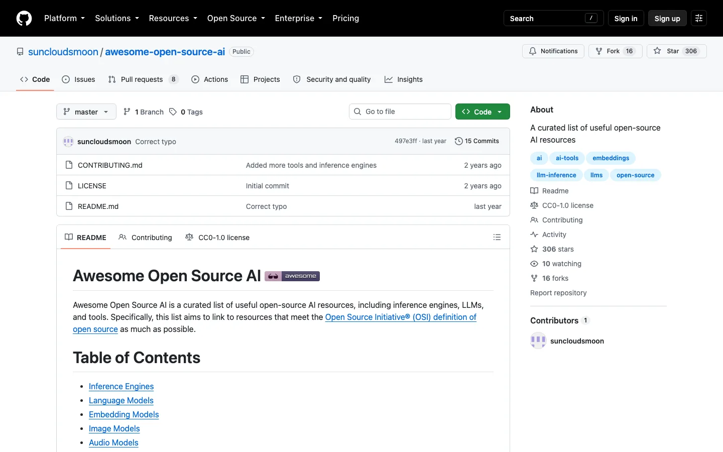 Awesome Open Source AI 開源 AI 清單,用腳註標出真開源的尺寸 2 GitHub 上 suncloudsmoon/awesome-open-source-ai 儲存庫頁面,顯示 306 顆星與 CC0-1.0 授權標示