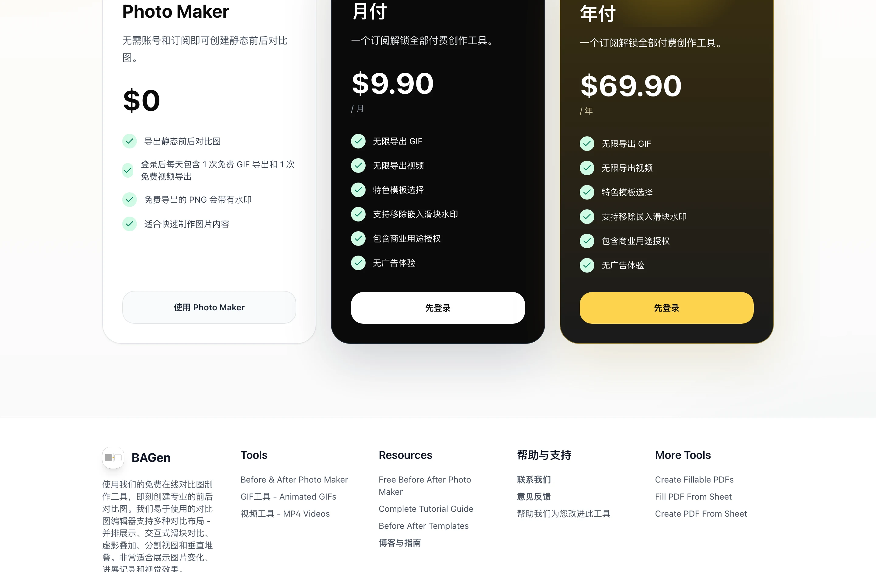BAGen:照片不上傳的前後對比圖製作工具,免費輸出實測 4 BAGen 定價頁三張方案卡片,Photo Maker 免費 $0、Pro 月付 $9.90、年付 $69.90,各卡片列出功能差異與行動按鈕