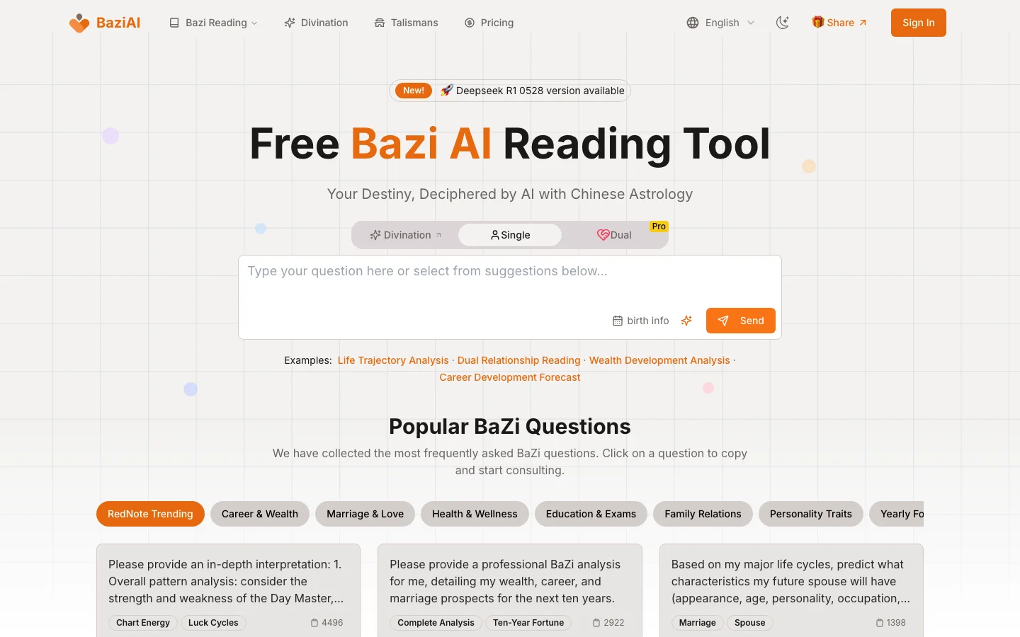 BaziAI 八字 AI 解讀工具,先看清免費額度與資料流向 2 BaziAI 官方網站首頁截圖:橫幅標明 Deepseek R1 0528 version available,Free Bazi AI Reading Tool 標題下有 Single、Dual、Pro 三種排盤模式與 birth info 送出表單